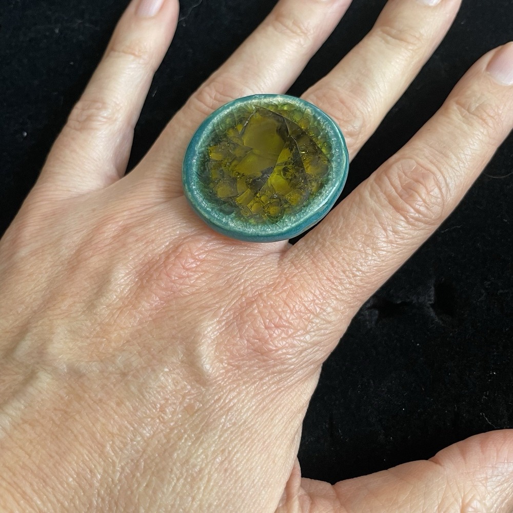 Green + Teal Handmade Artisan Ceramic Glass Ring Adjustable Oversized Maximalist